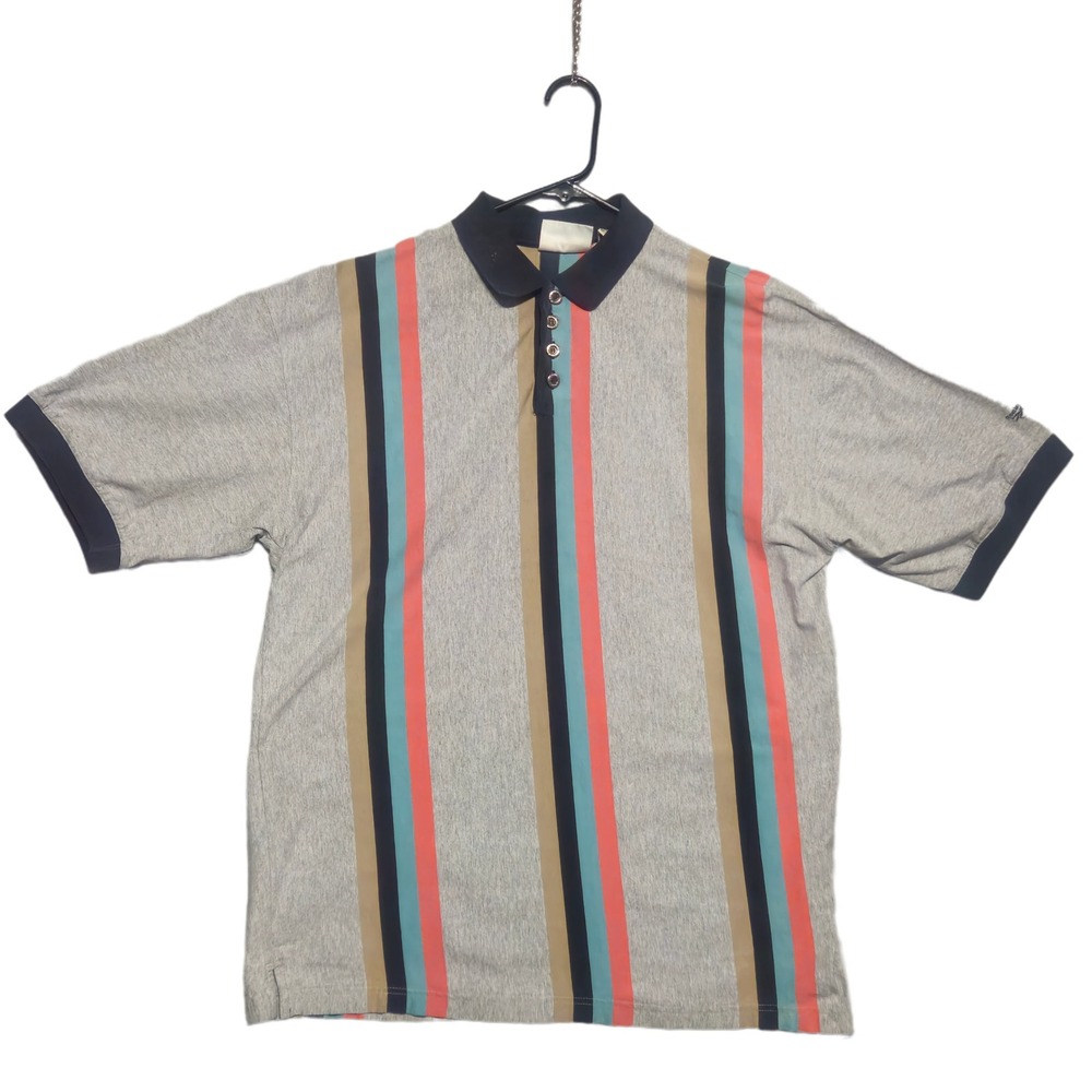 Reebok Golf Polo Shirt Mens XL Gray Vertical Multi Color Stripe Cotton Vintage